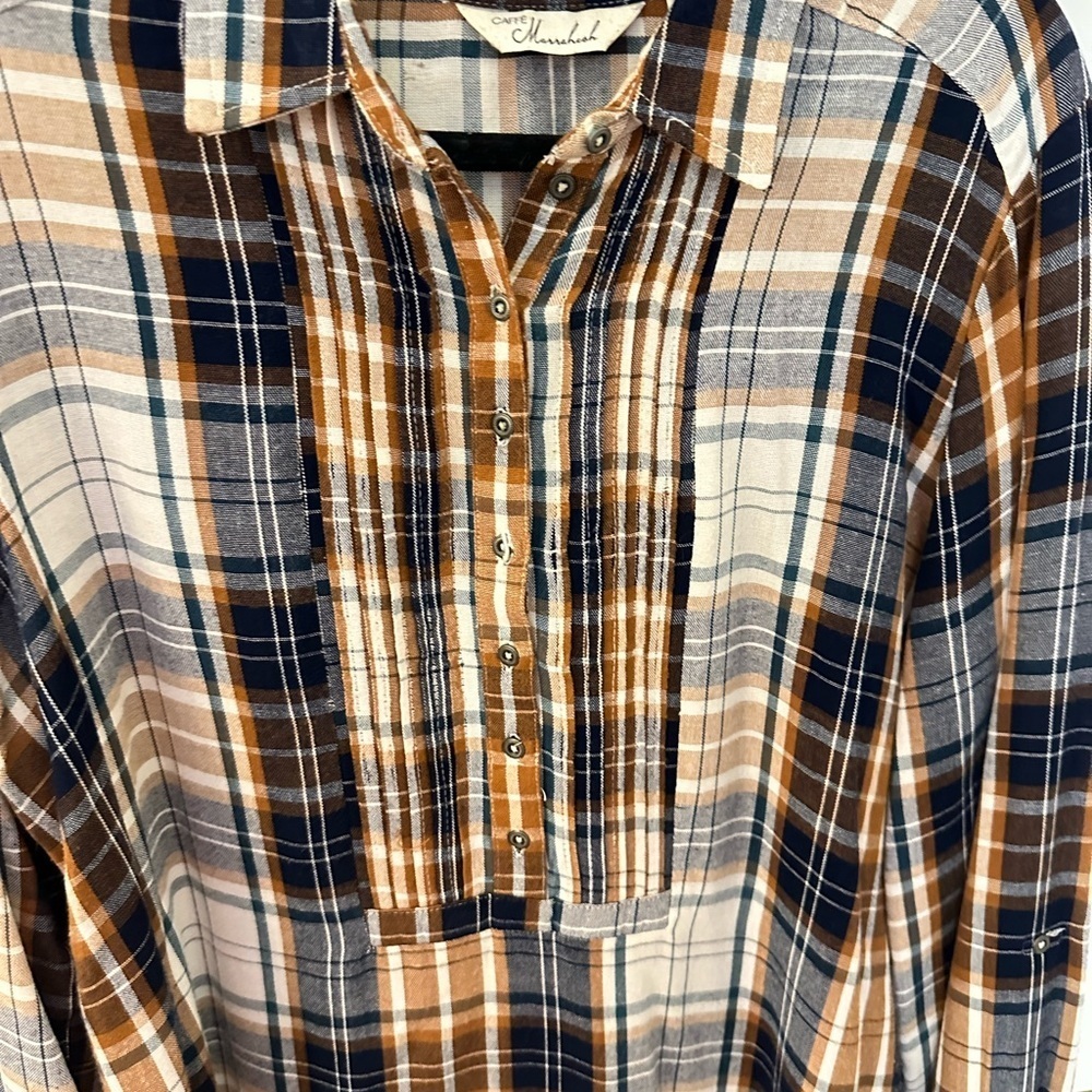 CAFE MARRAKESH S Brown plaid woman 1/2 button long sleeve rayon flannel - Picture 3 of 12